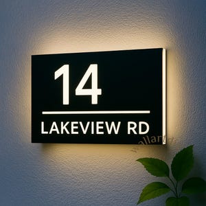 Personalized Metal Acrylic LED Backlit House Number Sign – Modern Illuminated Address Plate-Weatherproof