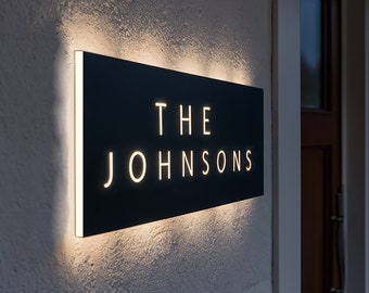 LED Backlit House Number Sign Modern Illuminated Address Plaque Personalized Metal House Sign Lighted Address Plaque Family Name House Sign