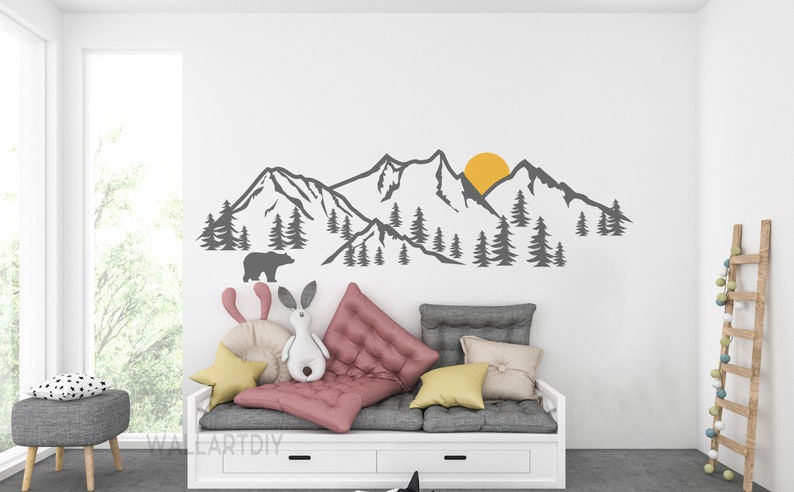 Mountains wall decals Nursery woodland landscape wall art Mountains with pine trees wall sticker Large mountain wall decals-136