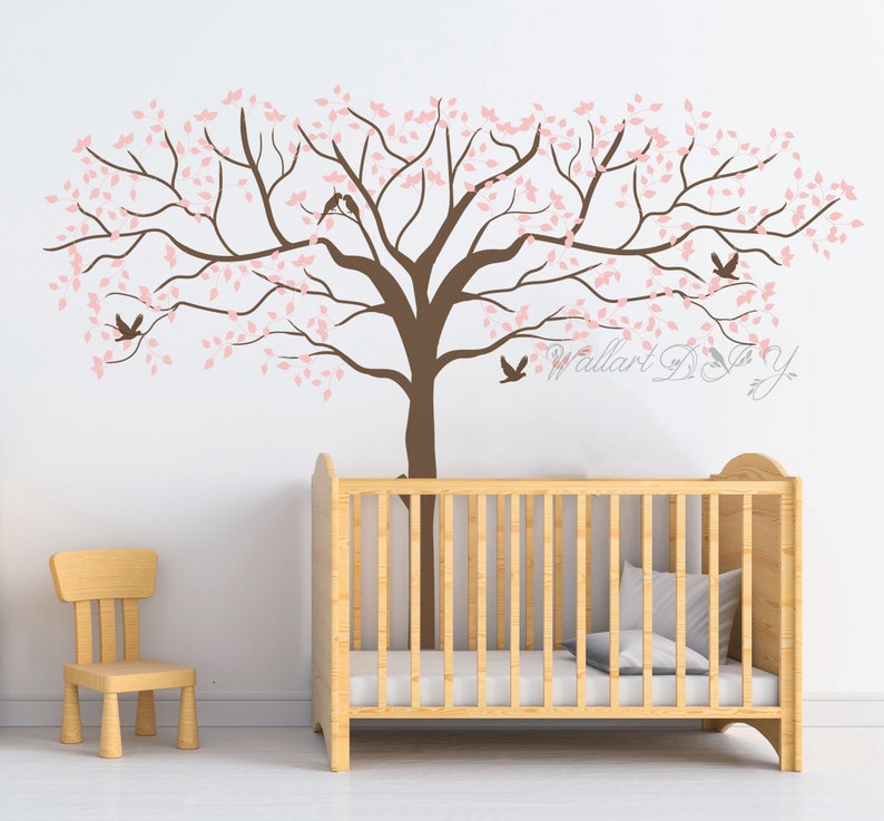 pink tree wall decals tree and birds wall murals nursery tree | etsy