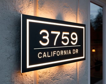 LED Backlit House Number Sign Modern Illuminated Address Plaque Personalized Metal House Sign Lighted Address Plaque Name House Sign