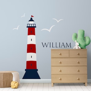 Nautical wall decals Lighthouse wall sticker Nursery nautical wall sticker Lighthouse and name wall decals Boy's room wall art-19