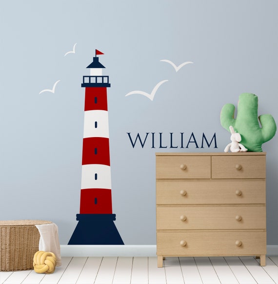 Nautical Boys Name Wall Decal Sea Lighthouse Nursery Bedroom Decor Personalized Lighthouse Vinyl Stickers Kids Name Above Bed ER25