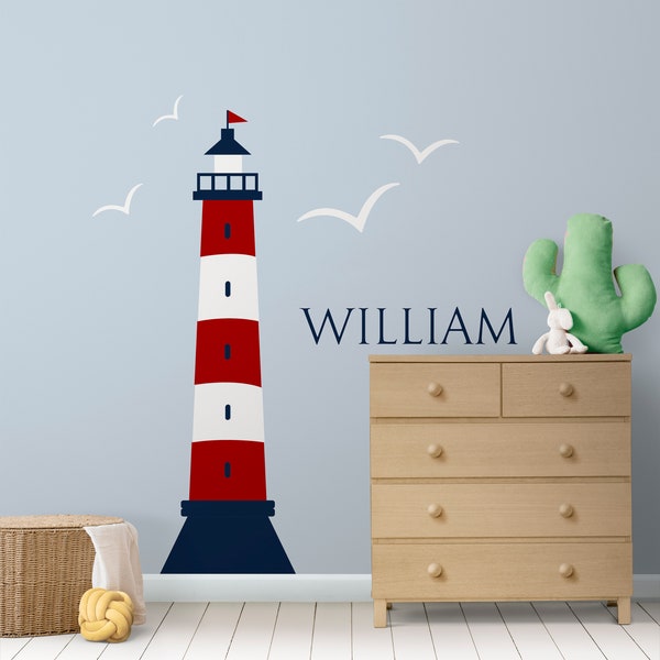 Nautical wall decals Lighthouse wall sticker Nursery nautical wall sticker Lighthouse and name wall decals Boy's room wall art-19