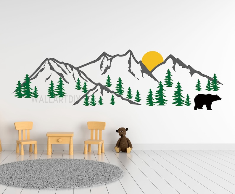 Mountains wall decals Nursery woodland landscape wall art Mountains with pine trees wall sticker Large mountain wall decals-136