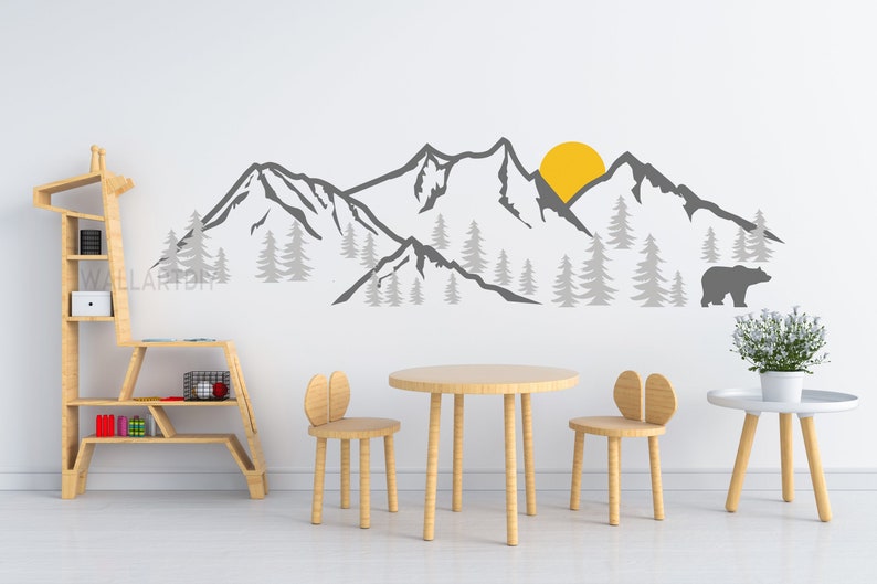 Mountains wall decals Nursery woodland landscape wall art Mountains with pine trees wall sticker Large mountain wall decals-136