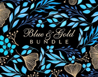 Blue Gold Watercolor Graphics Bundle: Patterns, Elements, Canva Templates (Digital Download)