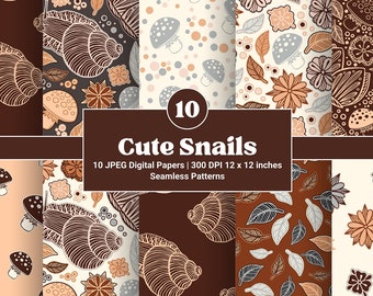 Line Art Snails Seamless Patterns, Butterfly, Flowers, Abstract Leaves JPEG Hand Drawn Cute Digital Papers. Instant Download