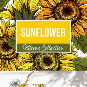 A collection of sunflower patterns in yellow and green. The patterns are available in EPS, PNG, JPEG, and SVG formats. The patterns repeat at 50.8 cm by 50.8 cm.