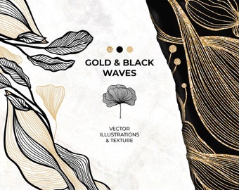 Floral Line Art Clipart: Gold & Black Waves Modern Vector Collection Abstract Wall Stencil (Digital Download)