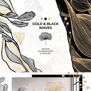 Gold and black abstract floral illustrations with a glittery texture. The illustrations are perfect for wall art and interior design. The text "GOLD & BLACK WAVES" and "VECTOR ILLUSTRATIONS & TEXTURE" is included in the image. Digital download clipart collection