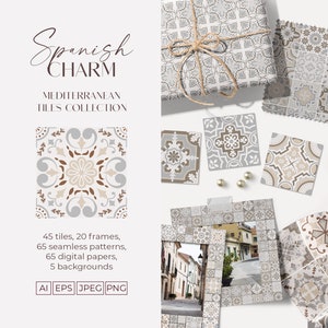 Puede incluir: Colección de azulejos mediterráneos con temática de Encanto Español. La imagen muestra varios azulejos, marcos y patrones en tonos neutros, incluyendo beige, gris y marrón. El texto indica 45 azulejos, 20 marcos, 65 patrones, 65 papeles digitales y 5 fondos.