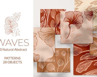 Boho Earthy Floral Seamless Patterns | Beige Minimalist Vector Waves Line Art | Digital Paper for Textile & Wallpaper