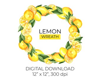 Lemon Wreath Clipart for Wedding Thank You Card Watercolor Sublimation PNG Frame Clip Art. Citrus, Lime Summer Fruit Print. Digital Download