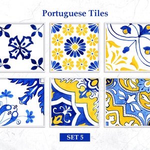 Portuguese Tiles Clipart Digital Download Art. Talavera Digital Print, Watercolor Clipart Mosaic Tiles, Antique Majolica. SET5