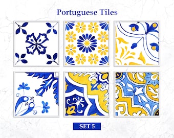Portuguese Tiles Clipart Digital Download Art. Talavera Digital Print, Watercolor Clipart Mosaic Tiles, Antique Majolica. SET5