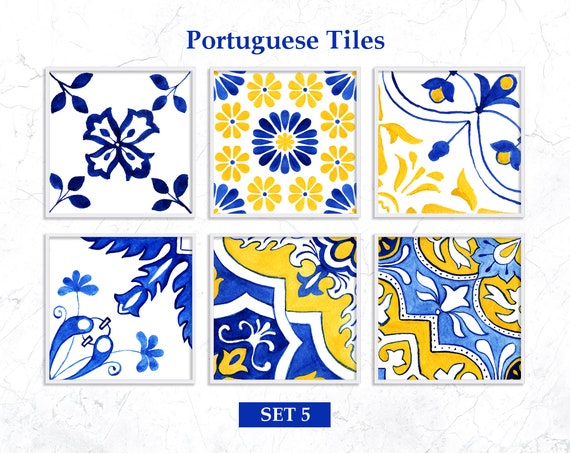 Portuguese Tiles Clipart Digital Download Art. Talavera Digital Print, Watercolor Clipart Mosaic Tiles, Antique Majolica. SET5