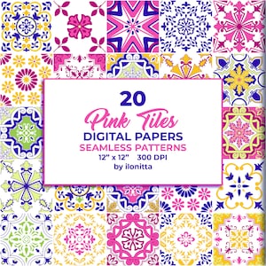 Roze mozaïektegels digitaal papier JPEG naadloze patronen Talavera Spaanse Azulejo Portugese tegel voor sublimatie, plakboek digitale download