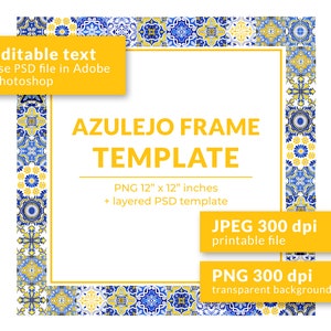 Mosaic Tiles Photo Frame, Square Azulejo Postcard Template PSD. Frame Clipart PNG, Photo Frame Clipart. Watercolor Clipart, Instant Download image 1