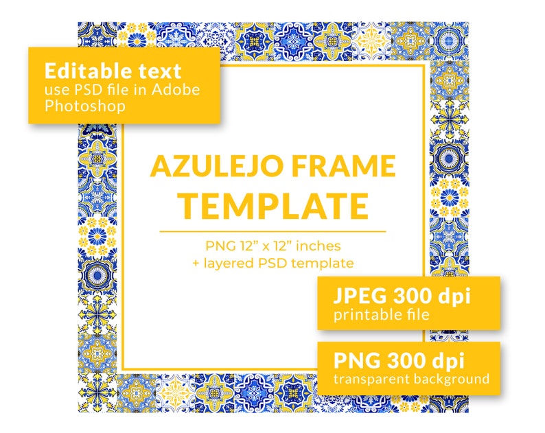 Mosaic Tiles Photo Frame, Square Azulejo Postcard Template PSD. Frame Clipart PNG, Photo Frame Clipart. Watercolor Clipart, Instant Download image 1