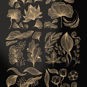 Pode incluir: Um conjunto de 20 ilustra&ccedil;&otilde;es florais douradas com glitter. As ilustra&ccedil;&otilde;es incluem folhas, flores e galhos. As ilustra&ccedil;&otilde;es s&atilde;o perfeitas para adicionar um toque de eleg&acirc;ncia a qualquer projeto.
