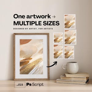 Op de afbeelding: Een ingelijst abstract kunstwerk met beige, bruine en gouden tinten. De afbeelding bevat de tekst "One artwork -> MULTIPLE SIZES" en "DESIGNED BY ARTIST, FOR ARTISTS". Er worden ook verschillende kleinere prints getoond.