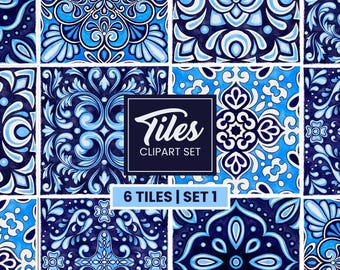 Klipart z płytkami azulejo, niebieskie portugalskie płytki akwarelowe PNG JPG, śródziemnomorska hiszpańska sztuka ceramiczna, cyfrowe tła papierowe, zestaw 1