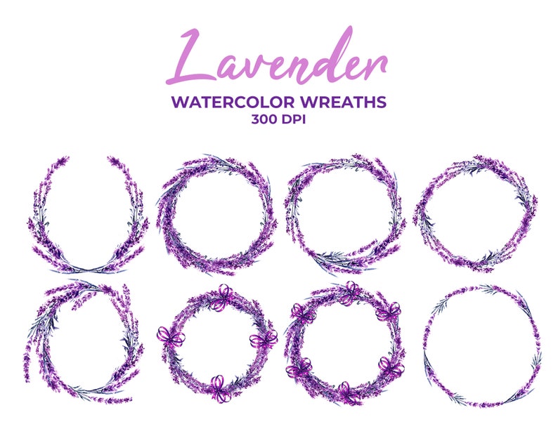 Lavender Wreaths Watercolor Clipart Floral Wedding Clipart Frames Wildflower Violet Flower Wreath PNG Purple Arrangements Digital Download