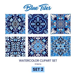 Piastrelle portoghesi acquerellate - 6 Clipart PNG di Azulejo blu, motivo a mosaico Talavera e marocchino, download digitale di piastrelle in ceramica dipinte a mano
