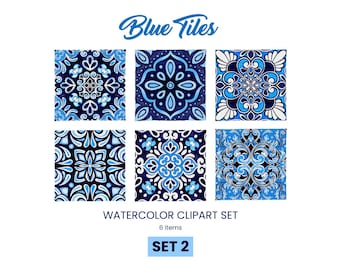 Watercolor Portuguese Tile Clipart: Blue Azulejo, Talavera Mosaic (Digital Download 12"x12")