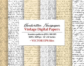 Vintage Handwritten Newspaper Digital Paper: Seamless Patterns (Digital Download)