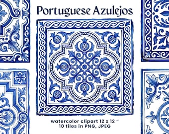 Blue White Azulejo Tiles Clipart 10 Mediterranean Portuguese Motifs Clip Art Digital Download for Sublimation or Stencils, PNG JPEG