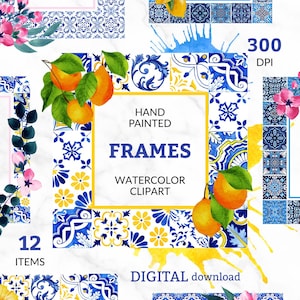 Portuguese Tiles Photo Frame Clipart PNG, Talavera Floral Watercolor Square Azulejo Mosaic Border Italian Majolica Wedding, Digital Download