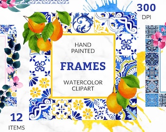 Mediterranean Frames PNG Floral Talavera Border Art Portuguese Tiles Clipart Watercolor Azulejo Photo Frames Digital Download
