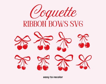 Coquette Cherry Ribbon Bows SVG | Cute Whimsical Wedding Clipart & Scrapbook Stickers Digital Download Black and White