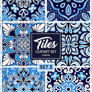 Carrelage portugais aquarelle - 6 Clipart PNG, Talavera et mosaïque marocaine bleu azulejo, carreaux de céramique peints à la main Art en téléchargement numérique