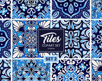 Watercolor Portuguese Tile Clipart: Blue Azulejo, Talavera Mosaic (Digital Download, PNG, JPEG 12"x12")