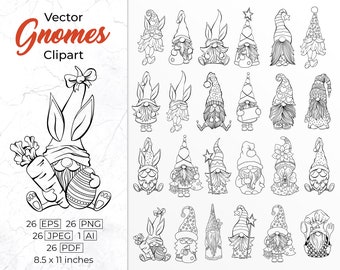 Gnomes Vector Clipart for Digital Stamp. Printable Coloring Pages. Easter, Christmas, Valentines Day. Instant Download