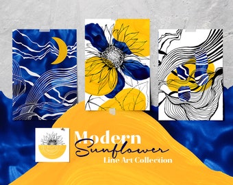 Modern Sunflowers Line Art Print Set | Blue Yellow Abstract Wall Art | Printable Clipart PNG & PSD Digital Download