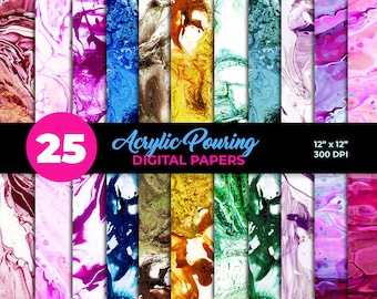 Acrylic Pour Digital Paper Set | 25 Colorful Painting Backgrounds for Prints & Scrapbook (Instant Download)