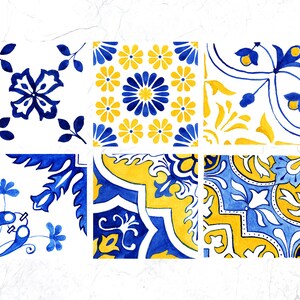 May include: Six blue and yellow patterned tiles with floral and geometric designs. The tiles are arranged in a grid pattern.