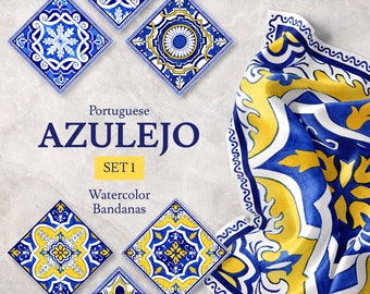 Blue & Yellow Azulejo Bandana Sublimation Designs: Hand-Painted Scarf Watercolor Portuguese Tiles Square Art Prints, Talavera Printable JPEG