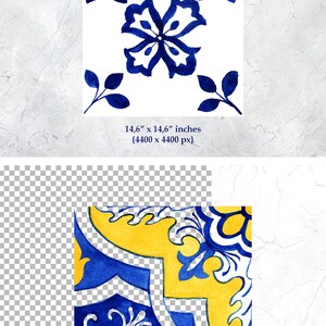 May include: Two watercolor illustrations of traditional Portuguese azulejo tiles. The first tile features a blue and white floral design with leaves. The second tile features a more complex geometric pattern in blue, yellow, and white.
