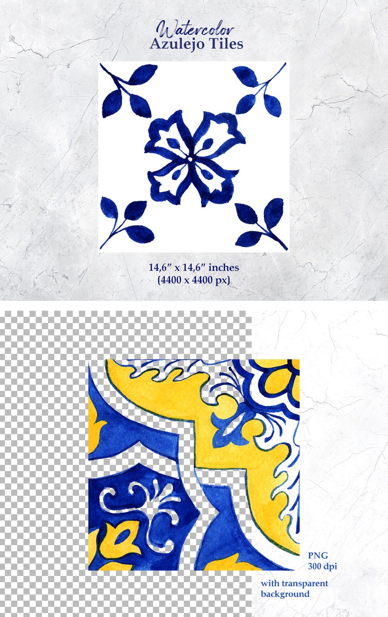May include: Two watercolor illustrations of traditional Portuguese azulejo tiles. The first tile features a blue and white floral design with leaves. The second tile features a more complex geometric pattern in blue, yellow, and white.