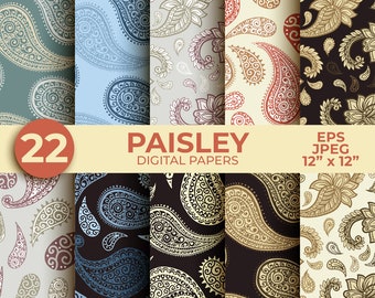 Paisley Digital Paper: 22 Boho Seamless Patterns for Bandana Print or Vintage Wallpaper (Digital Download Vector, JPEG, Commercial License)
