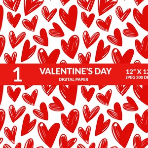 Corazones rojos Día de San Valentín Amor Papel Digital, Patrón Sin Costuras. Descarga digital