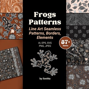 Dessin au trait grenouilles, motifs sans couture, bordures et collection d'éléments, éléments vectoriels, NUMÉRIQUE dessinés à la main