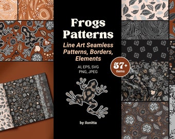 Line Art Frogs Seamless Patterns, Borders and Elements Collection, Vector Elements, Hand Drawn DIGITAL
