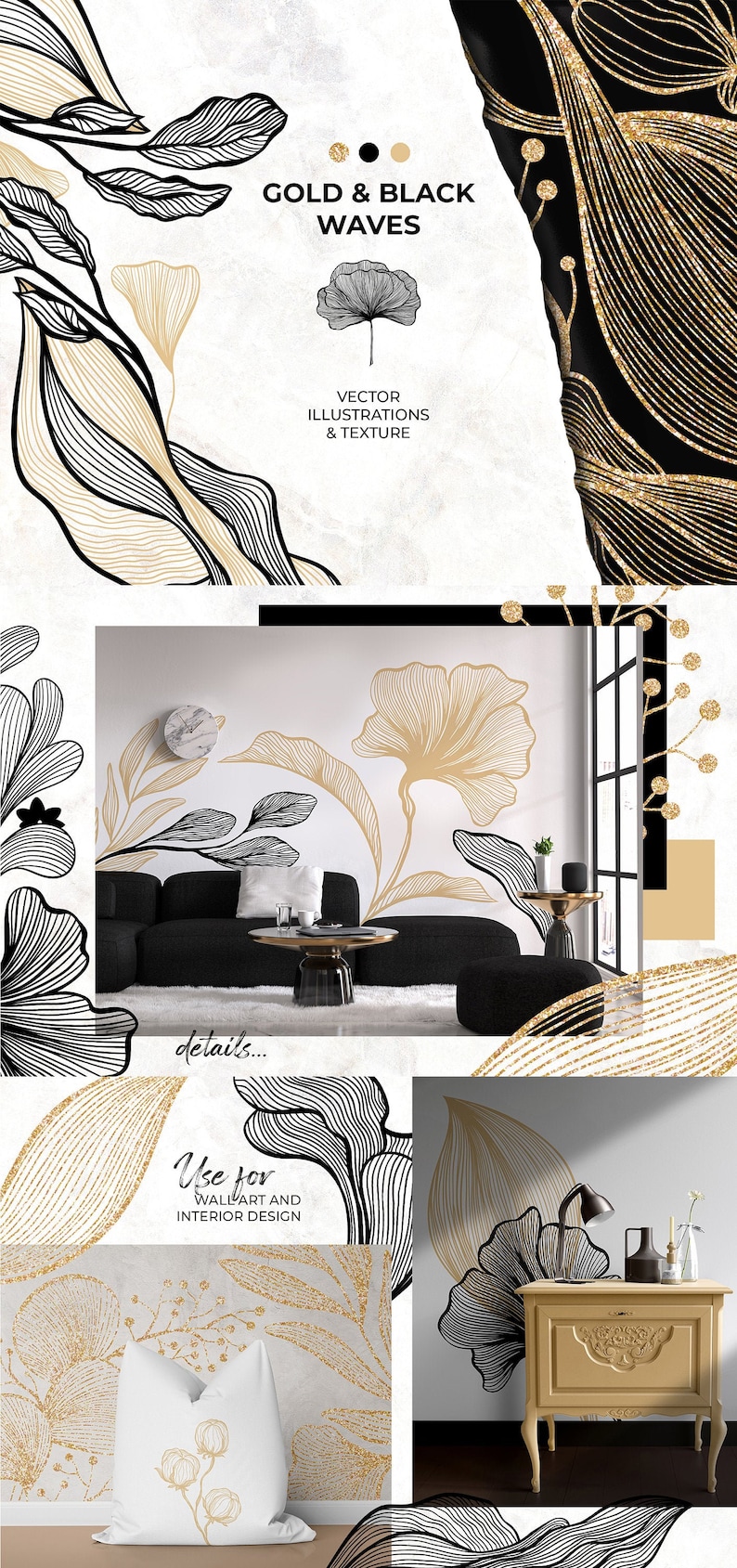 Gold and black abstract floral illustrations with a glittery texture. The illustrations are perfect for wall art and interior design. The text "GOLD & BLACK WAVES" and "VECTOR ILLUSTRATIONS & TEXTURE" is included in the image. Digital download clipart collection