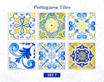 Watercolor Azulejo Portuguese Tiles Clipart Digital Watercolor SET 7